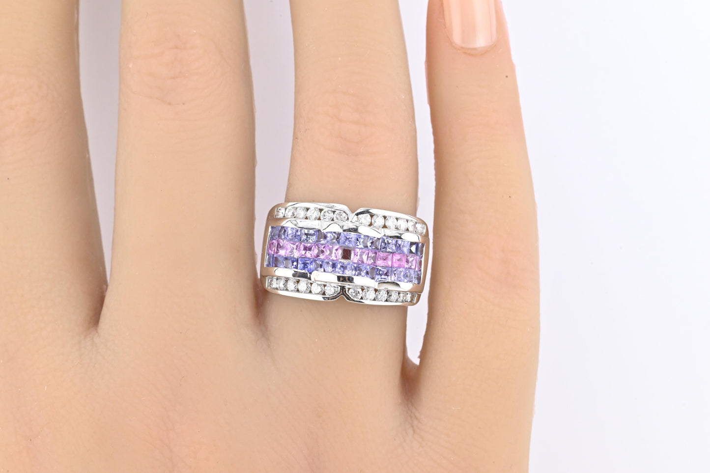 IGI Certified 14K White Gold Multi-Color Gemstone & Diamond Ring Size 8
