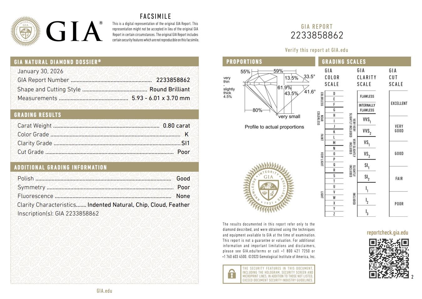 Loose Natural Diamond 0.34 Carat Round Brilliant G Color VS2 Clarity GIA Cert.