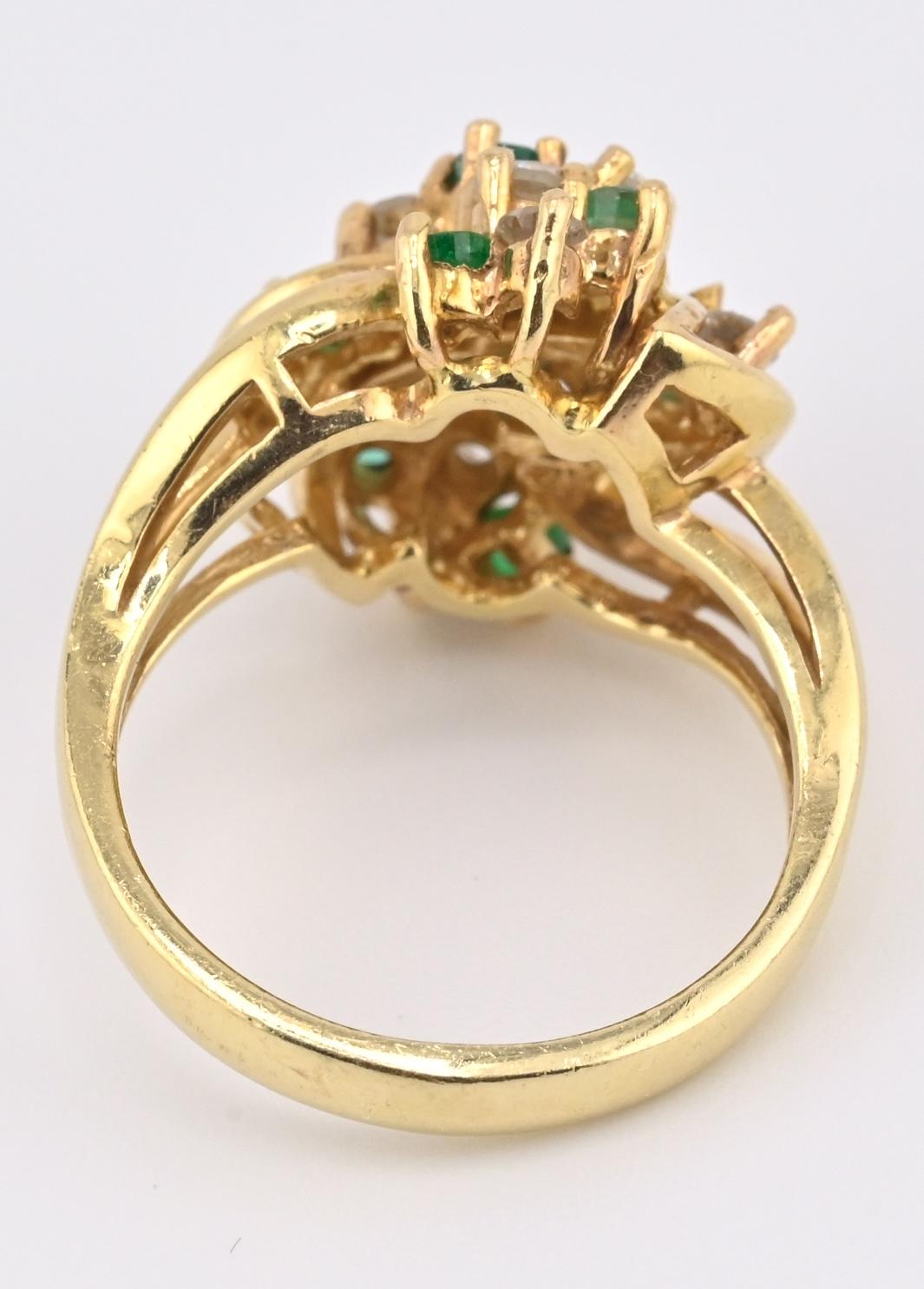 IGI Certified 14K Yellow Gold Emerald & Diamond Cluster Ring Size 4.75