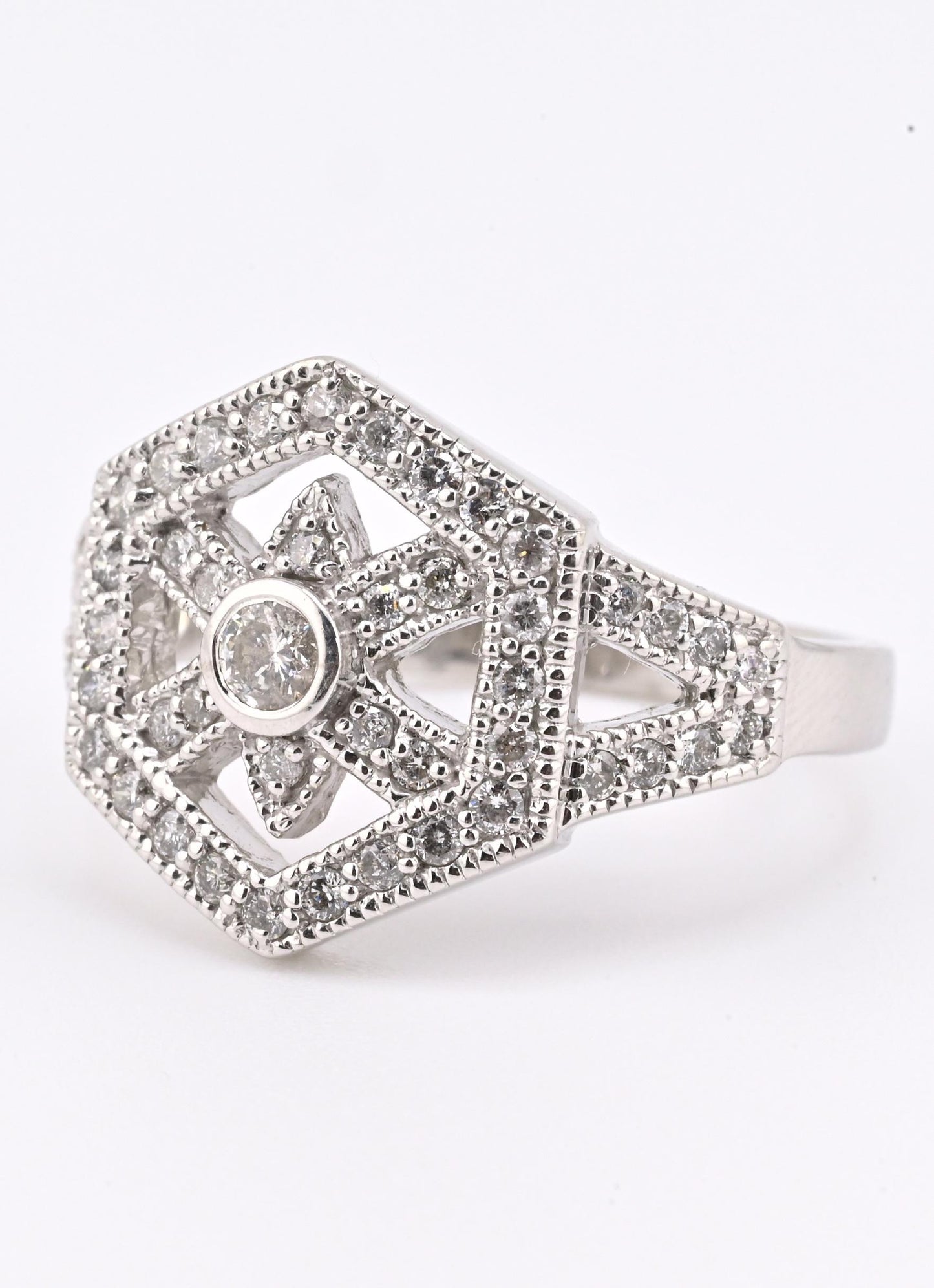 IGI Certified 14K White Gold Geometric Diamond Ring – 0.75 TCW, Size 8