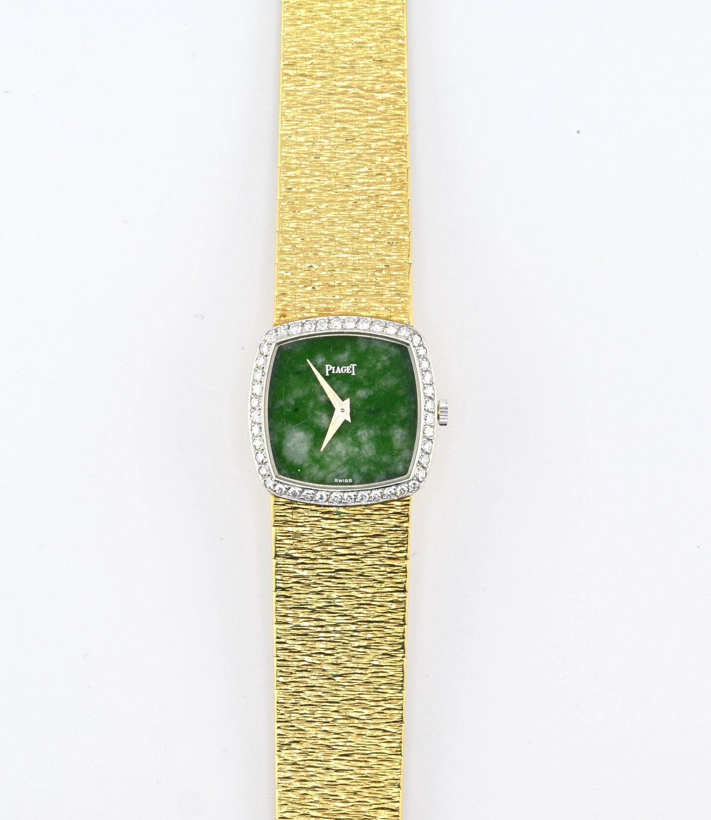 Rare Piaget Jade Dial Ladies Wristwatch 18K Yellow Gold Diamond Bezel 6.5 Inches