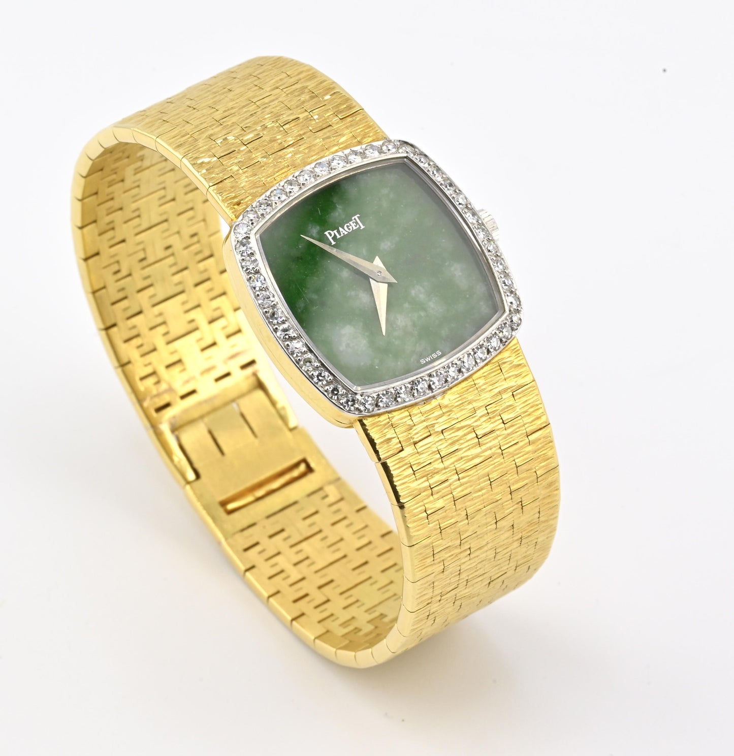 Rare Piaget Jade Dial Ladies Wristwatch 18K Yellow Gold Diamond Bezel 6.5 Inches