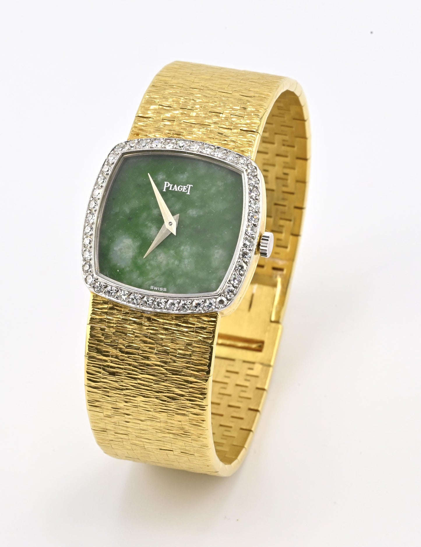 Rare Piaget Jade Dial Ladies Wristwatch 18K Yellow Gold Diamond Bezel 6.5 Inches