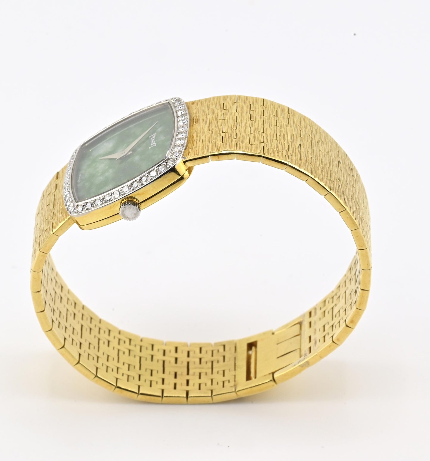 Rare Piaget Jade Dial Ladies Wristwatch 18K Yellow Gold Diamond Bezel 6.5 Inches