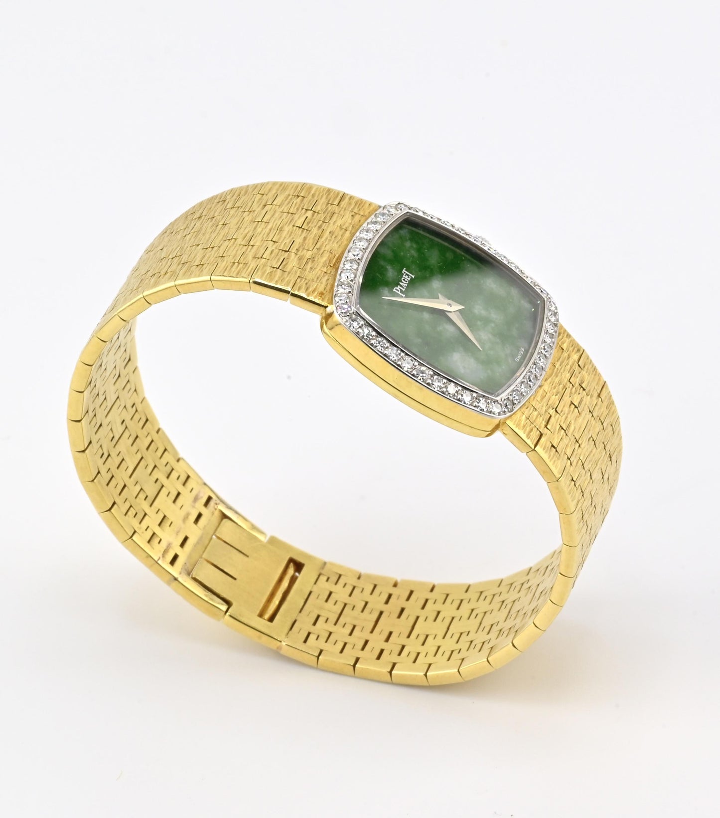 Rare Piaget Jade Dial Ladies Wristwatch 18K Yellow Gold Diamond Bezel 6.5 Inches