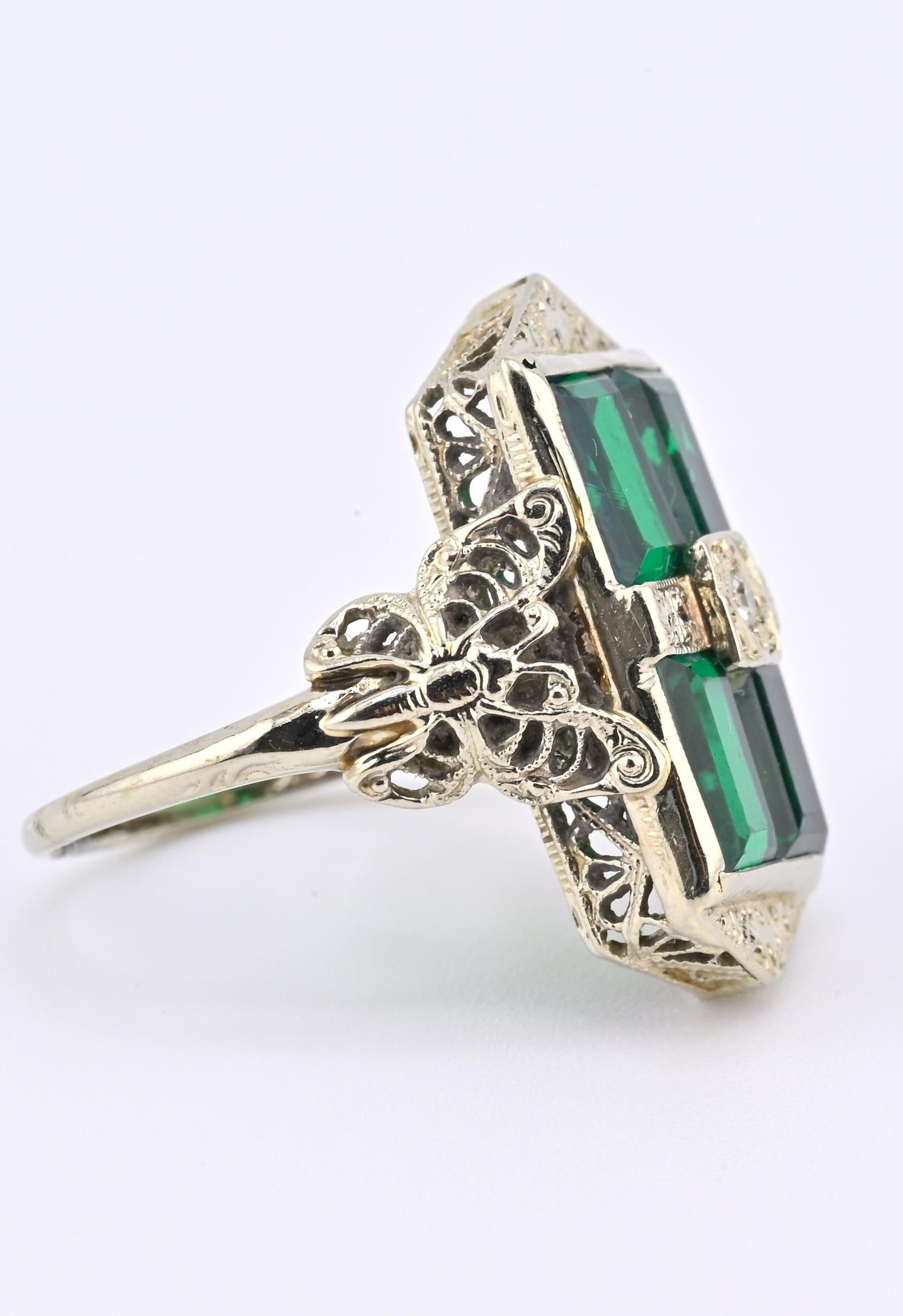 Art Deco 14K White Gold Diamond Filigree Ring 4.75 Ring Size