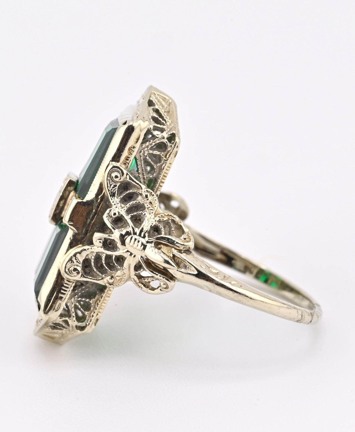 Art Deco 14K White Gold Diamond Filigree Ring 4.75 Ring Size