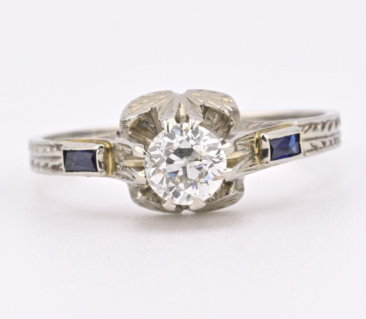 Art Deco 18K White Gold Diamond & Sapphire Ring 0.39ct Size 7 2.71 Grams