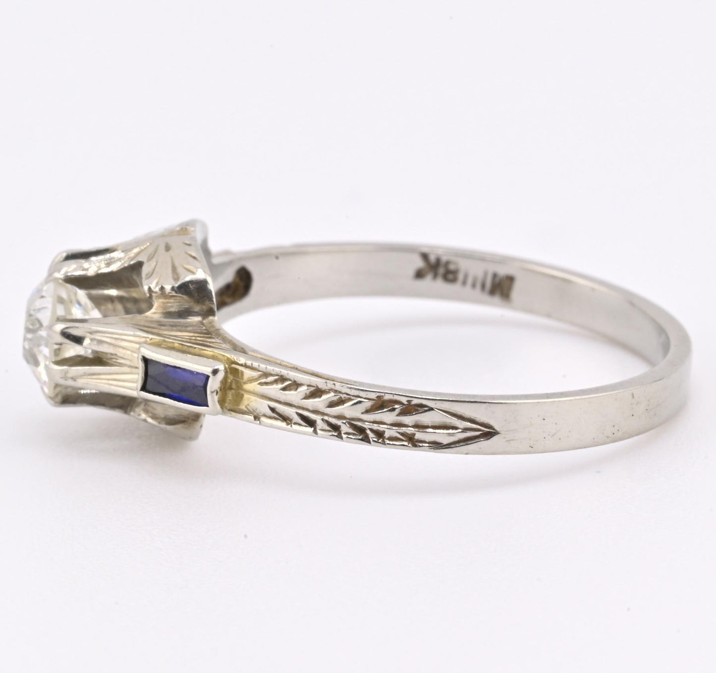 Art Deco 18K White Gold Diamond & Sapphire Ring 0.39ct Size 7 2.71 Grams