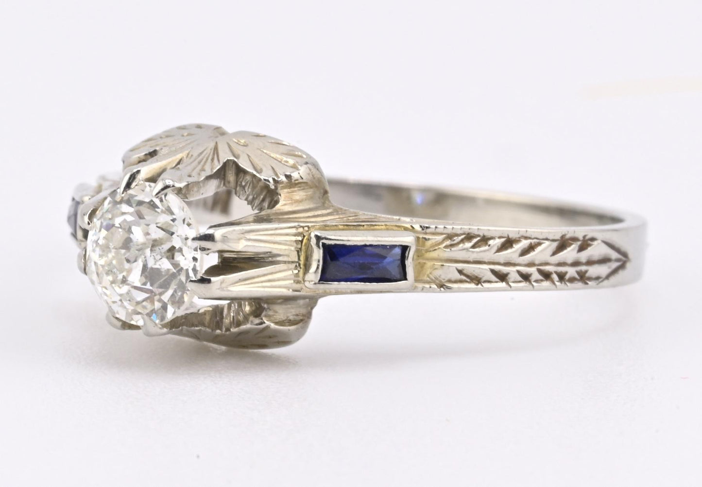Art Deco 18K White Gold Diamond & Sapphire Ring 0.39ct Size 7 2.71 Grams
