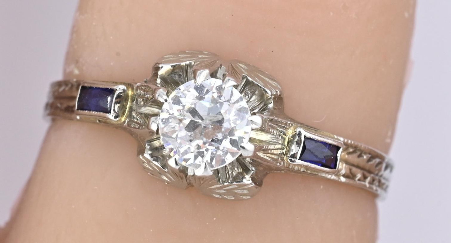 Art Deco 18K White Gold Diamond & Sapphire Ring 0.39ct Size 7 2.71 Grams