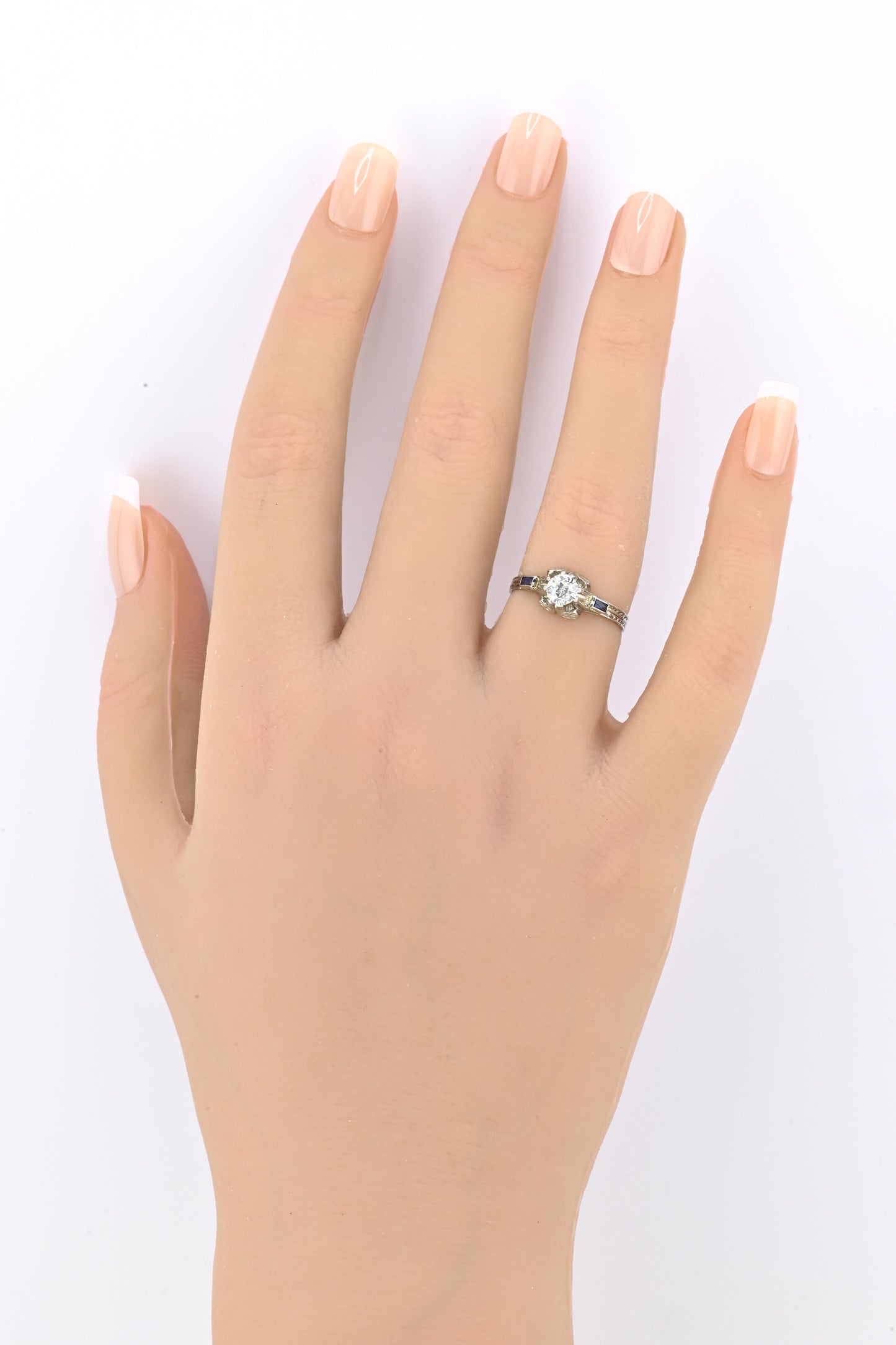 Art Deco 18K White Gold Diamond & Sapphire Ring 0.39ct Size 7 2.71 Grams