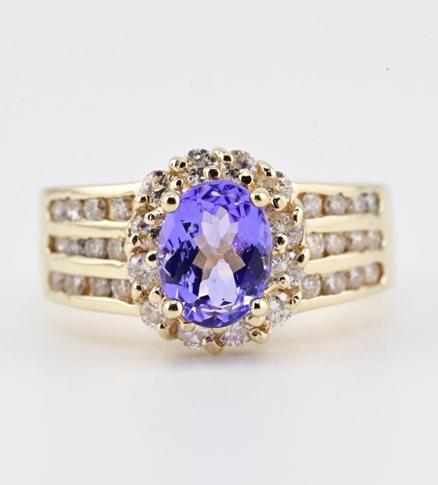 14K Yellow Gold Tanzanite & Diamond Halo Ring Oval Tanzanite Ring Size 7.75