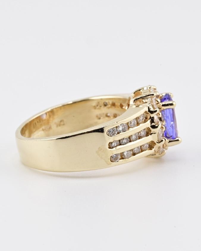 14K Yellow Gold Tanzanite & Diamond Halo Ring Oval Tanzanite Ring Size 7.75