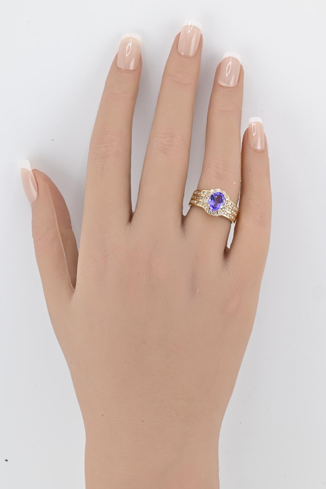 14K Yellow Gold Tanzanite & Diamond Halo Ring Oval Tanzanite Ring Size 7.75