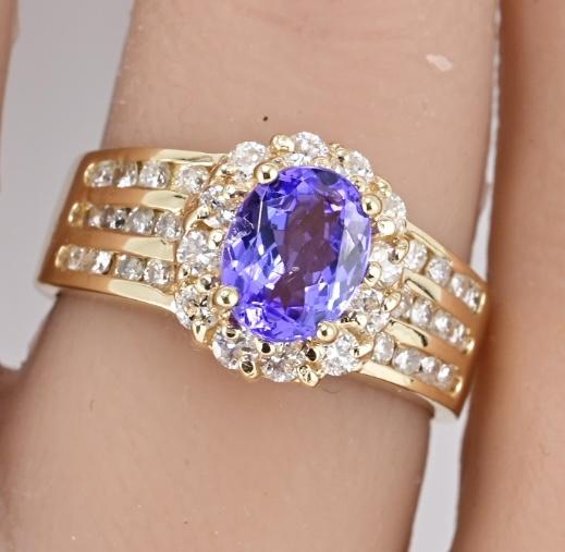 14K Yellow Gold Tanzanite & Diamond Halo Ring Oval Tanzanite Ring Size 7.75