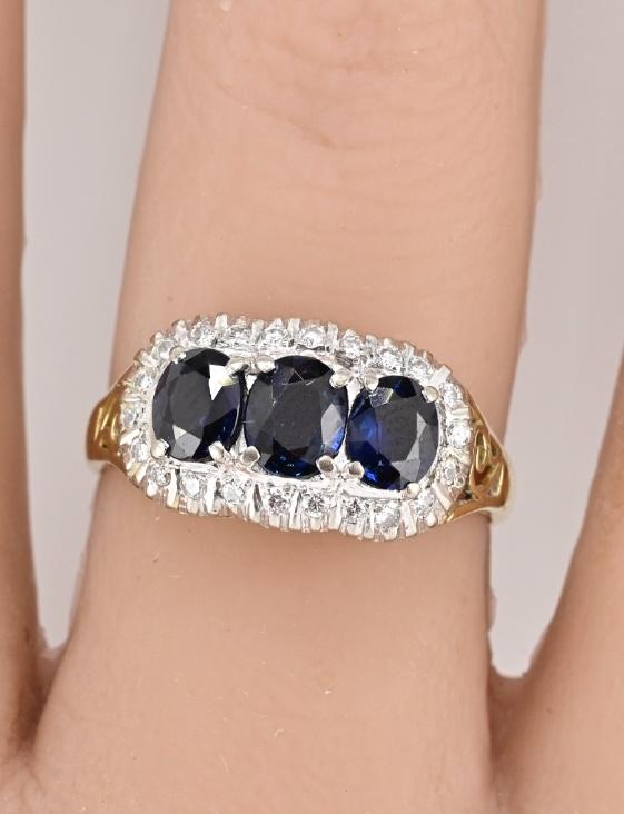 14K Yellow Gold Sapphire & Diamond Ring | Natural Oval Blue Sapphires
