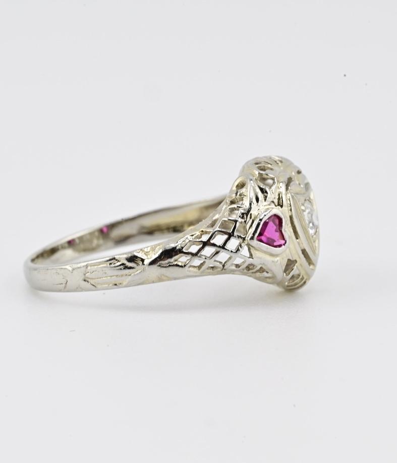 IGI Certified 18K White Gold Heart Ruby & Diamond Ring Size 6.5