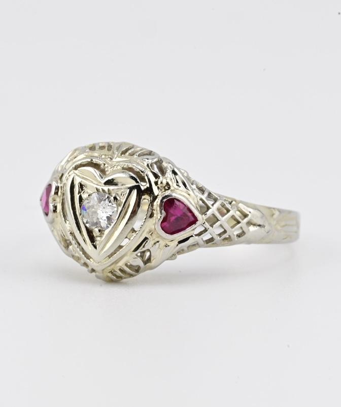 IGI Certified 18K White Gold Heart Ruby & Diamond Ring Size 6.5