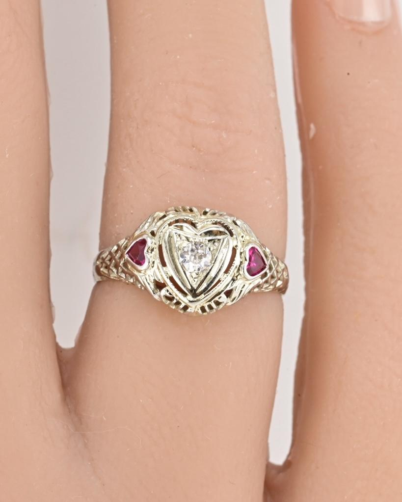 IGI Certified 18K White Gold Heart Ruby & Diamond Ring Size 6.5