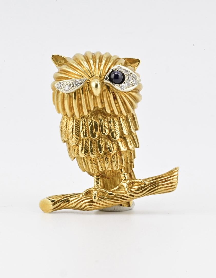 18K Solid Yellow Gold Owl Brooch 19.09g Diamond Eyes Marked 18K
