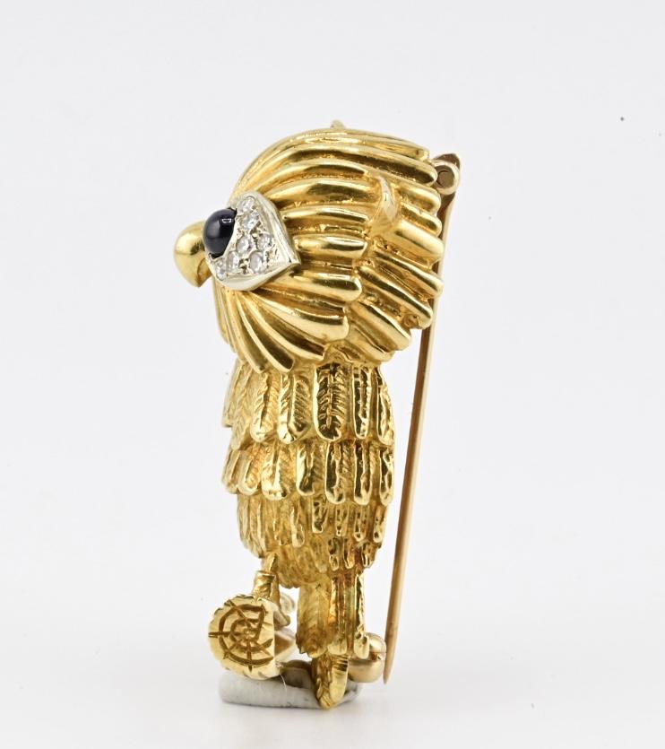 18K Solid Yellow Gold Owl Brooch 19.09g Diamond Eyes Marked 18K