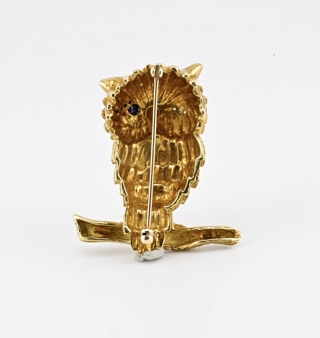 18K Solid Yellow Gold Owl Brooch 19.09g Diamond Eyes Marked 18K