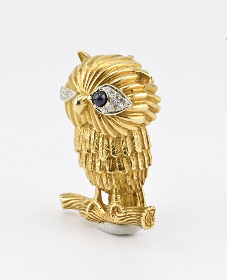 18K Solid Yellow Gold Owl Brooch 19.09g Diamond Eyes Marked 18K