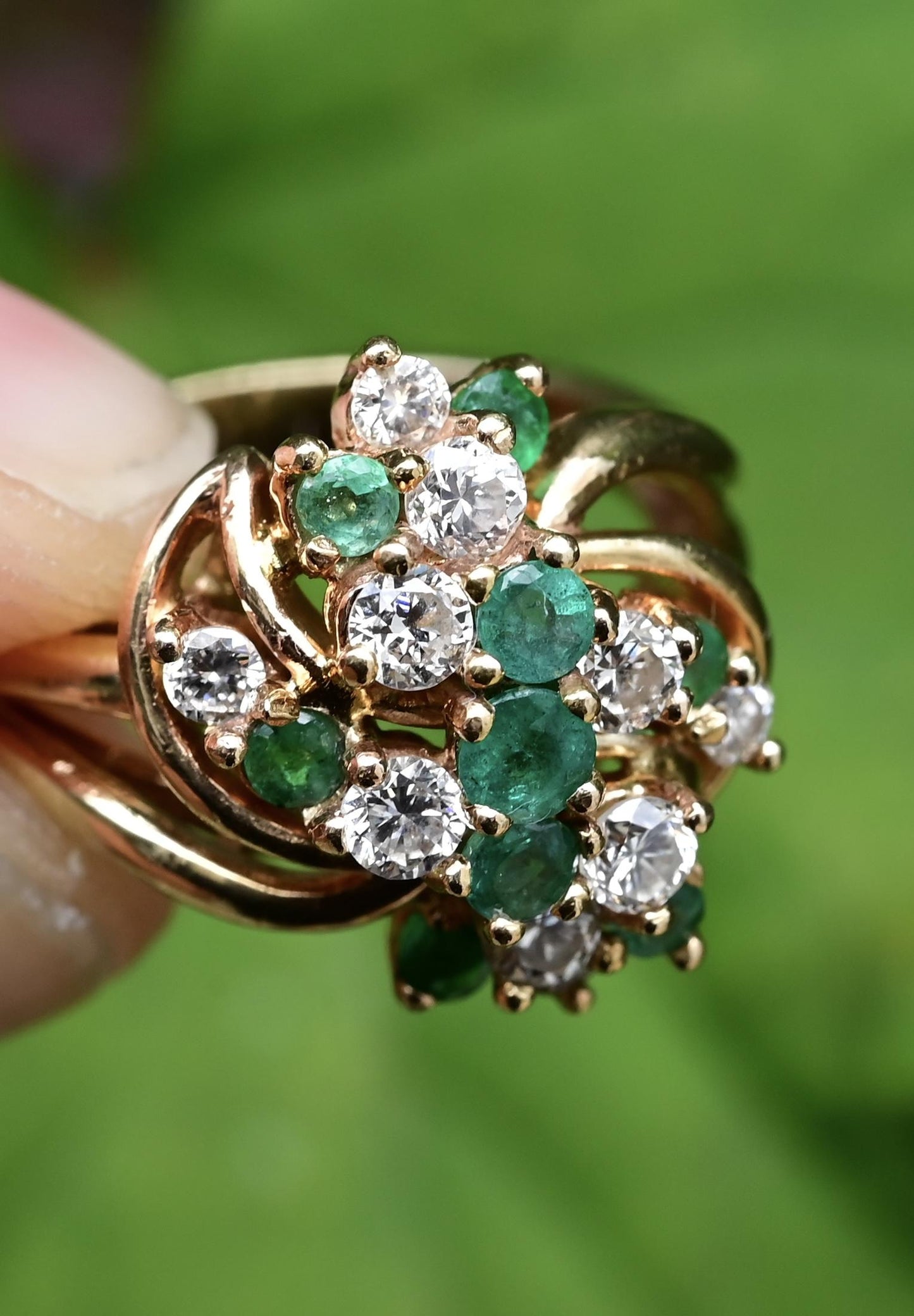 IGI Certified 14K Yellow Gold Emerald & Diamond Cluster Ring Size 4.75