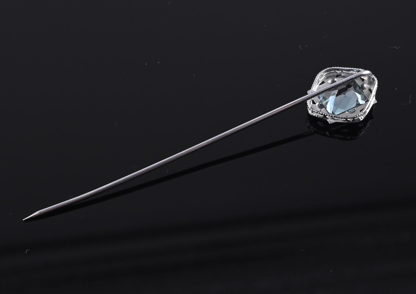 Vintage 10K White Gold Stick Pin Blue Spinel Lab Grown Lapel Tie Pin Estate 2.5”