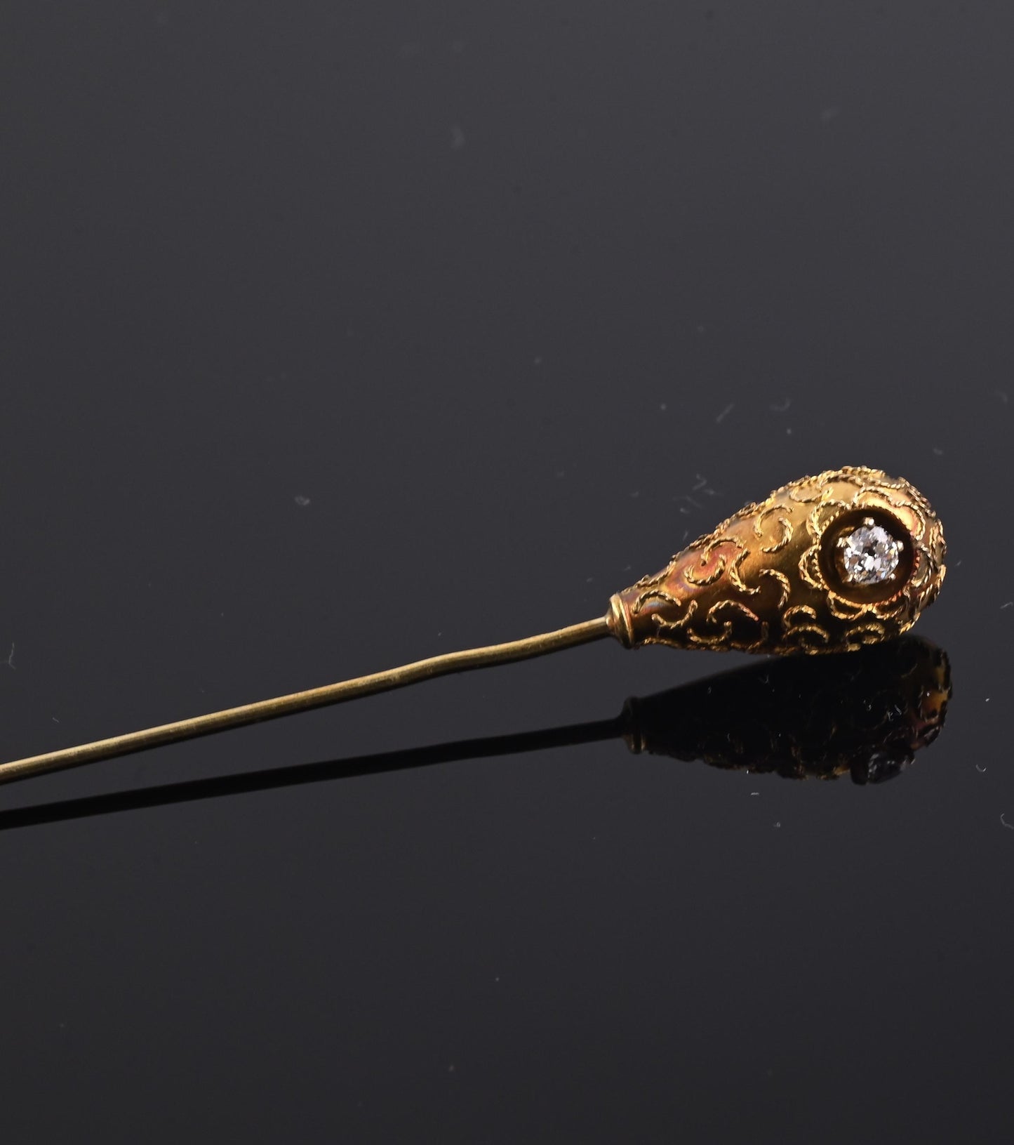 Antique 14K Yellow Gold Diamond Stick Pin Old Euro Old Mine Cut Lapel Tie Pin