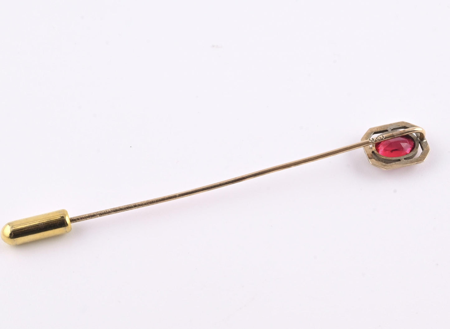 Vintage 10K Gold Stick Pin Lab Ruby Tie Lapel Hat Pin 2 5/8” Estate Jewelry