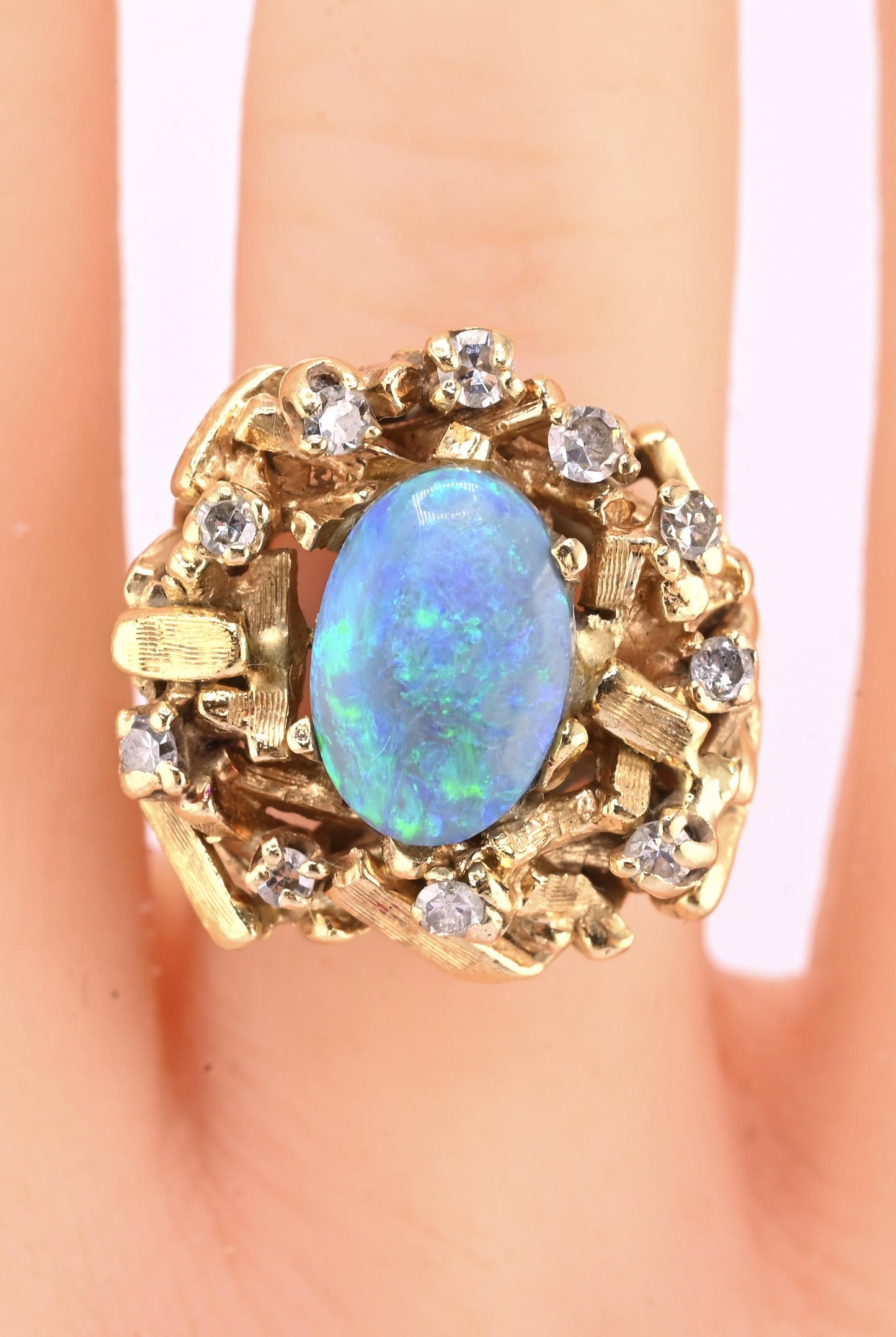 14K Yellow Gold Brutalist Opal & Diamond Ring 9.96g Size 6.5 10×7mm Opal