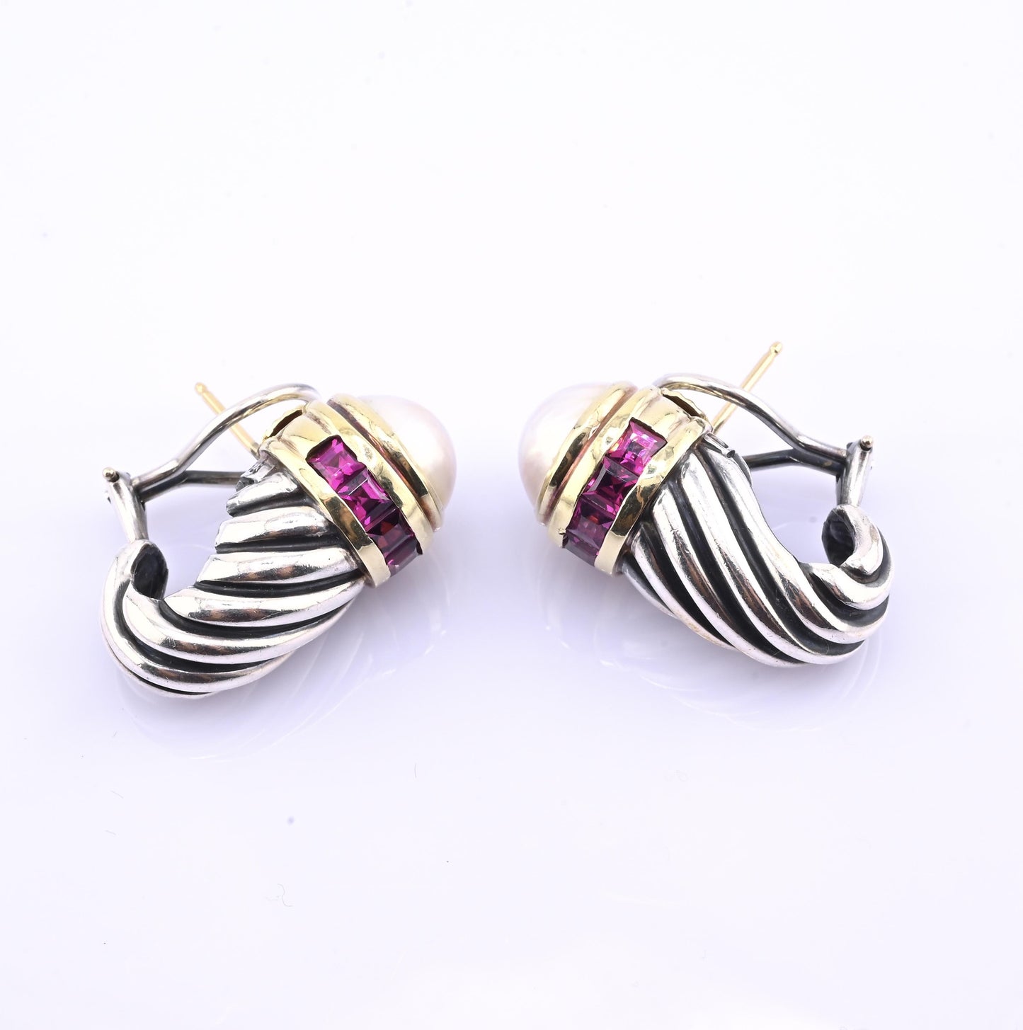 David Yurman Pearl & Rhodolite 14k Gold Sterling Silver Cable Hoop Earrings