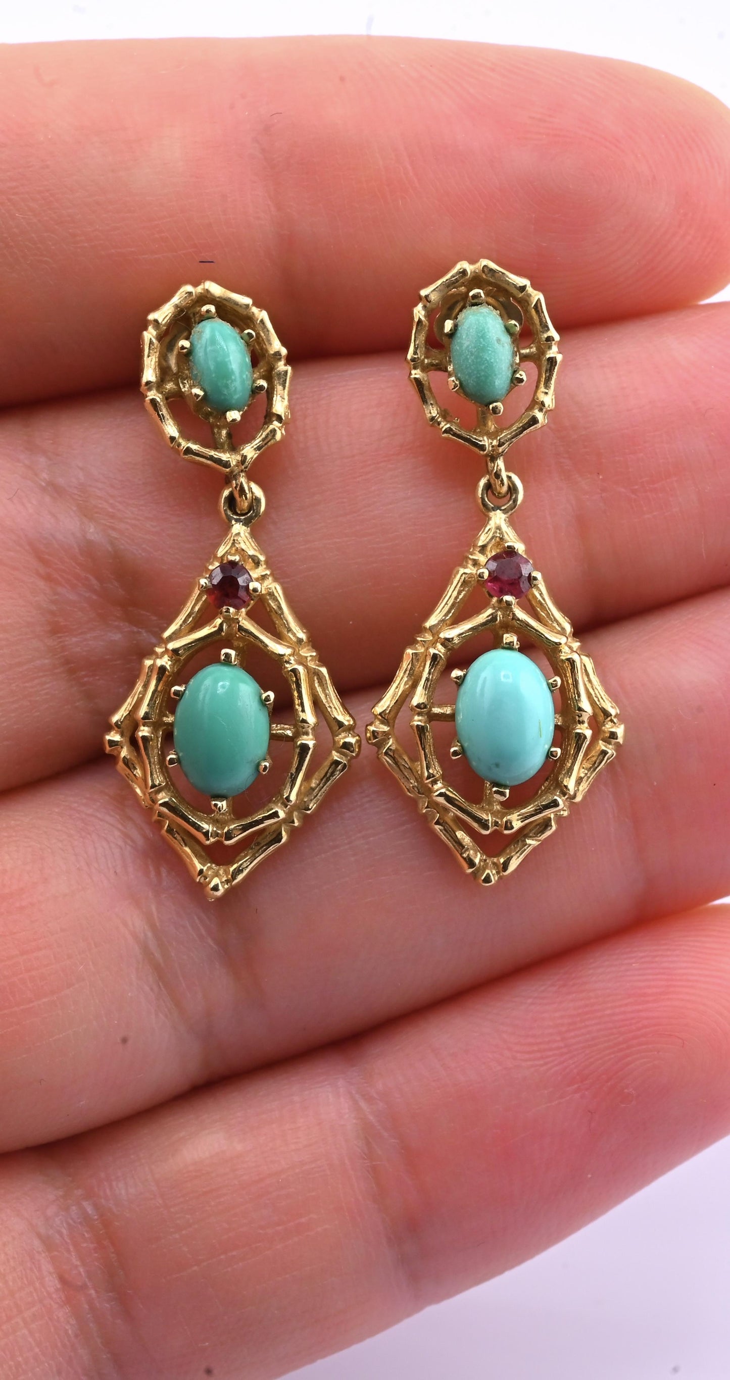 Vintage 14k Gold Turquoise & Red Stone Openwork Dangle Earrings