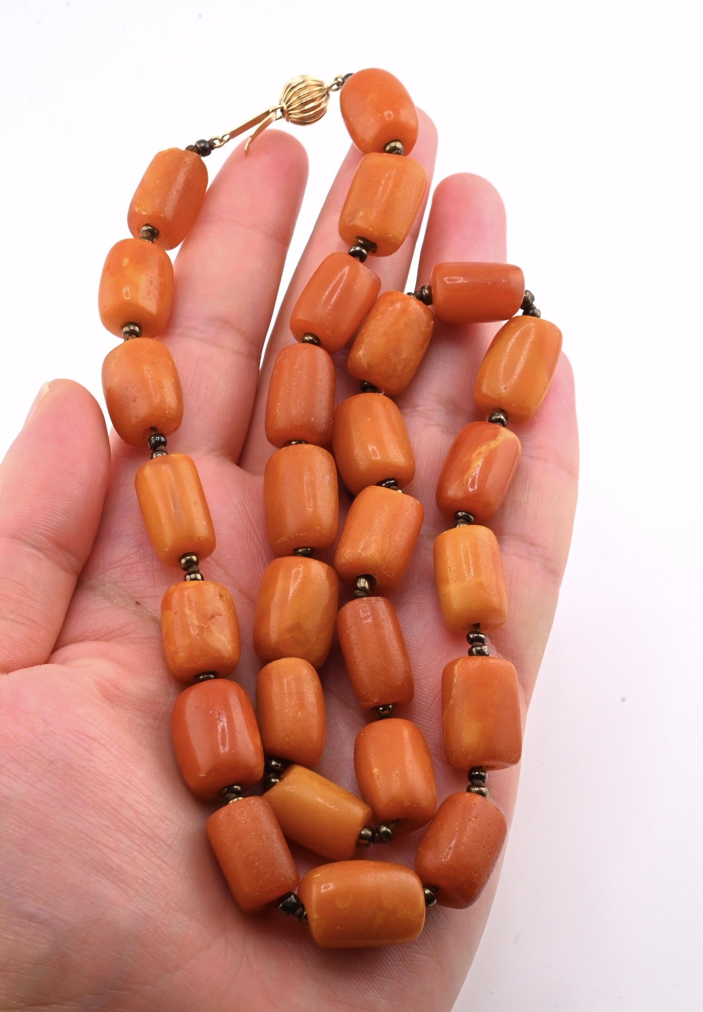 Title: Antique Butterscotch Amber Barrel Bead Necklace - 14k Gold Clasp 49 Grams