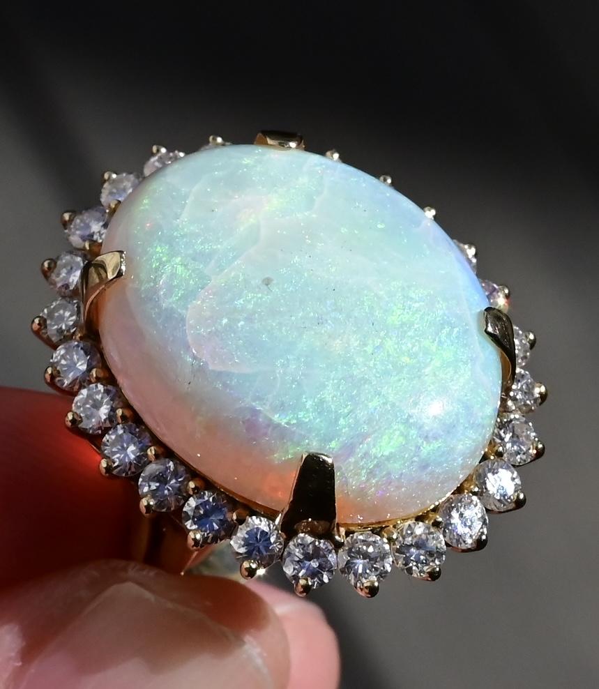 Massive 14K Yellow Gold Natural Opal & Diamond Ring 12.73 Grams