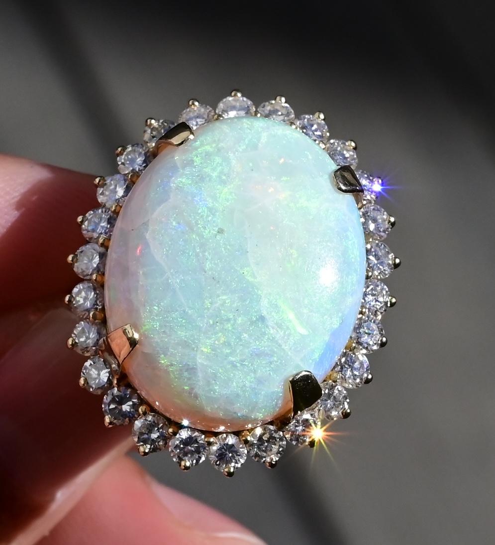 Massive 14K Yellow Gold Natural Opal & Diamond Ring 12.73 Grams