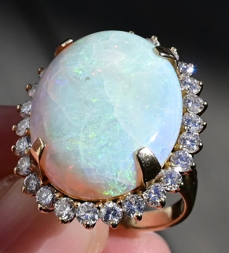 Massive 14K Yellow Gold Natural Opal & Diamond Ring 12.73 Grams