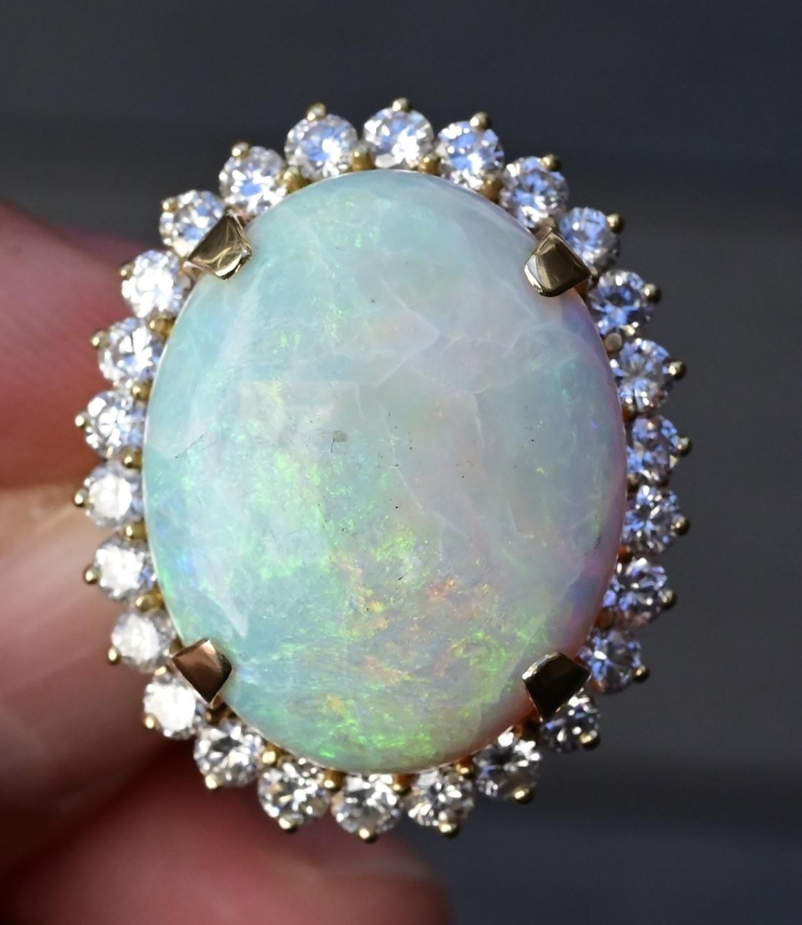 Massive 14K Yellow Gold Natural Opal & Diamond Ring 12.73 Grams