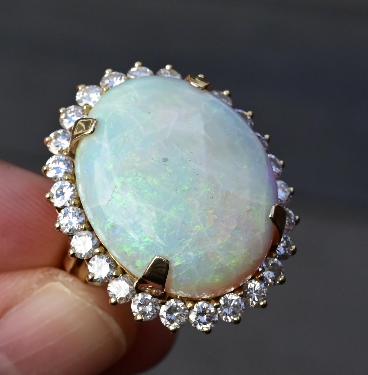 Massive 14K Yellow Gold Natural Opal & Diamond Ring 12.73 Grams