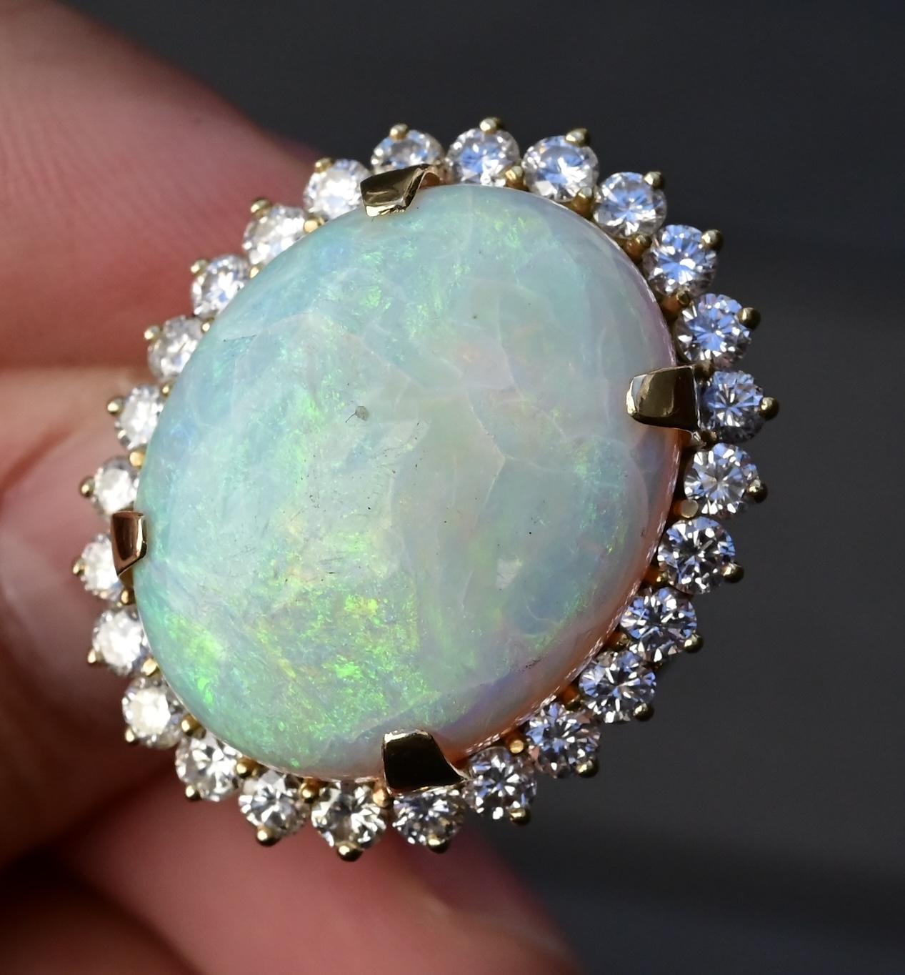 Massive 14K Yellow Gold Natural Opal & Diamond Ring 12.73 Grams