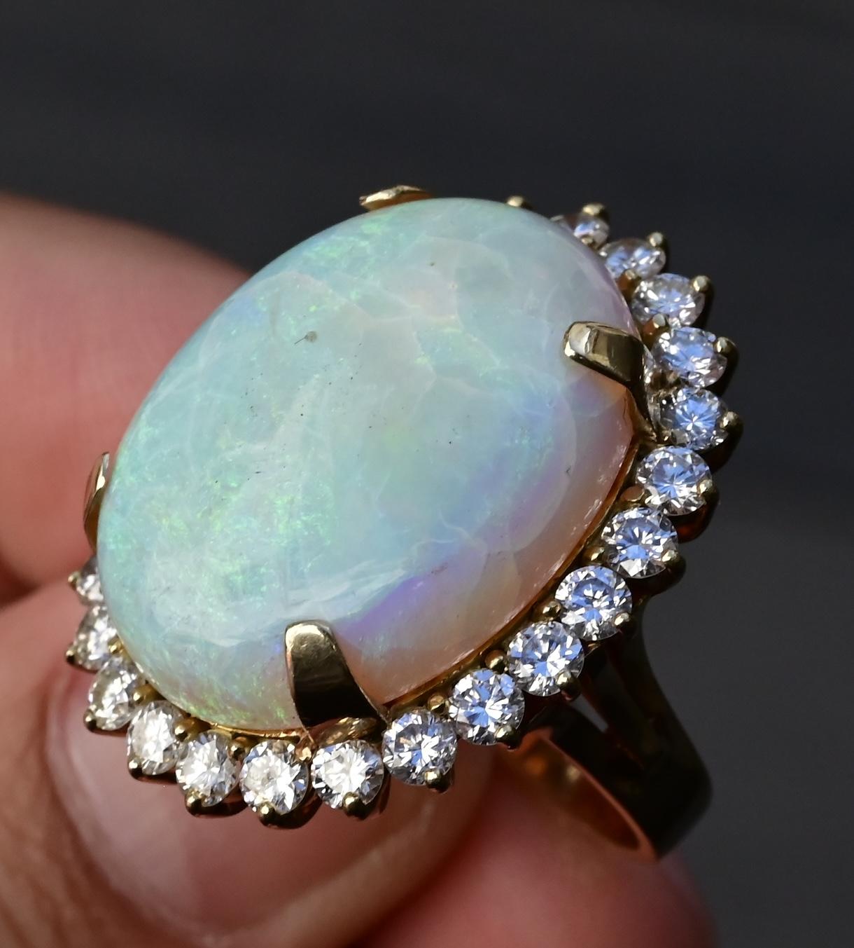 Massive 14K Yellow Gold Natural Opal & Diamond Ring 12.73 Grams