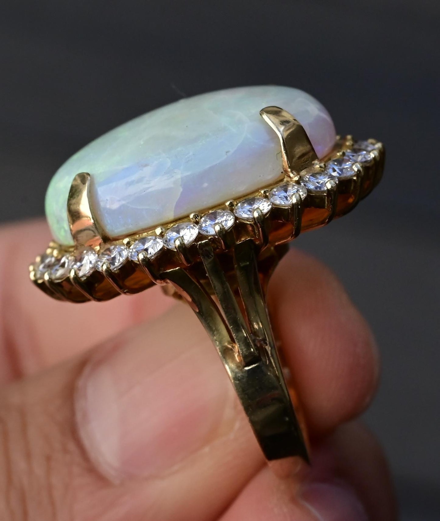 Massive 14K Yellow Gold Natural Opal & Diamond Ring 12.73 Grams