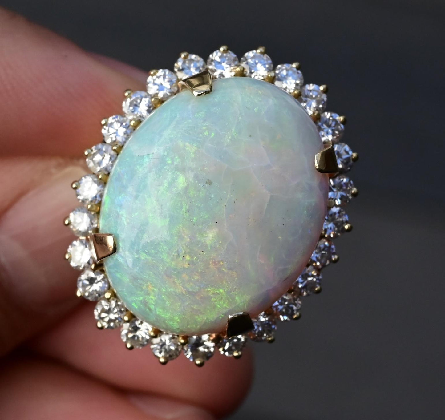 Massive 14K Yellow Gold Natural Opal & Diamond Ring 12.73 Grams