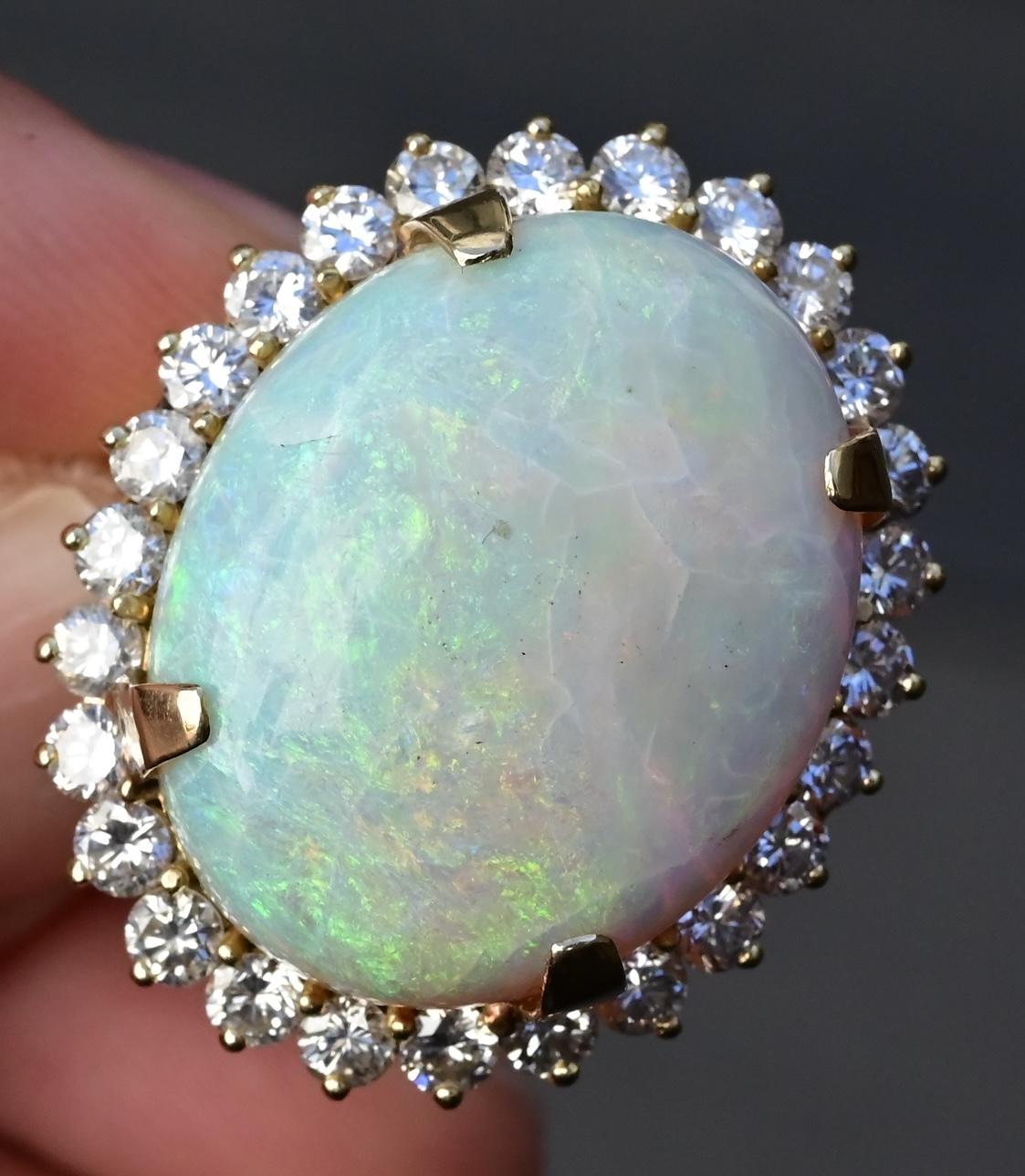 Massive 14K Yellow Gold Natural Opal & Diamond Ring 12.73 Grams