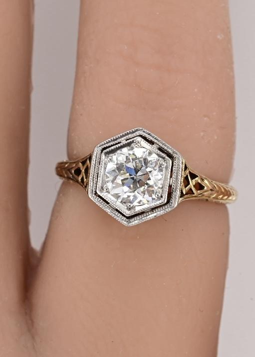 Art Deco 14K Gold Platinum Diamond Engagement Ring .80ct VS-SI1 Size 5.5