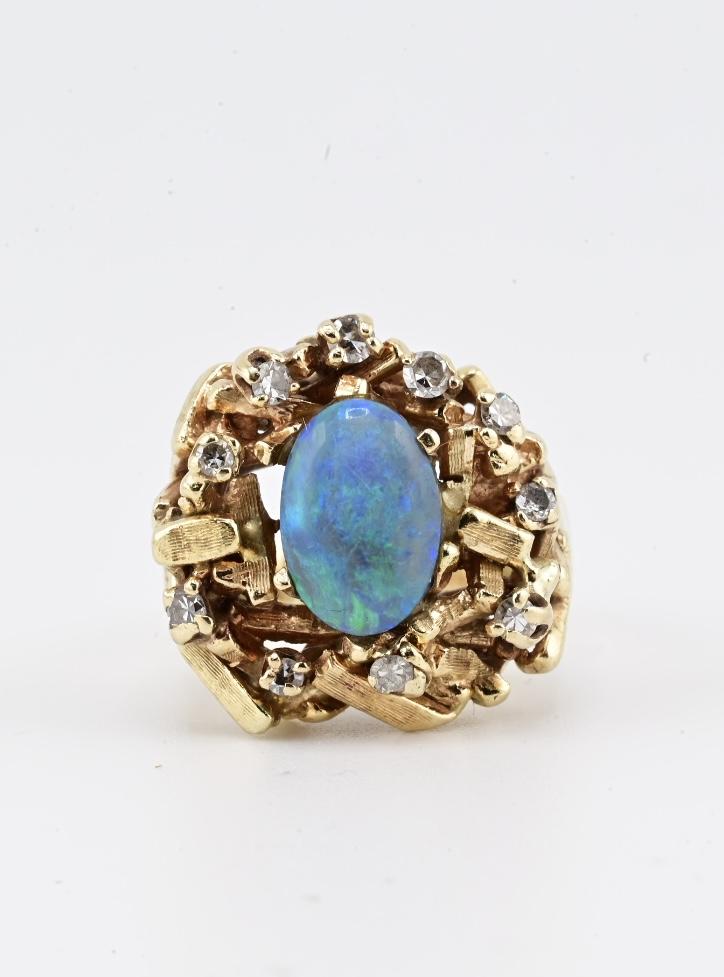 14K Yellow Gold Brutalist Opal & Diamond Ring 9.96g Size 6.5 10×7mm Opal