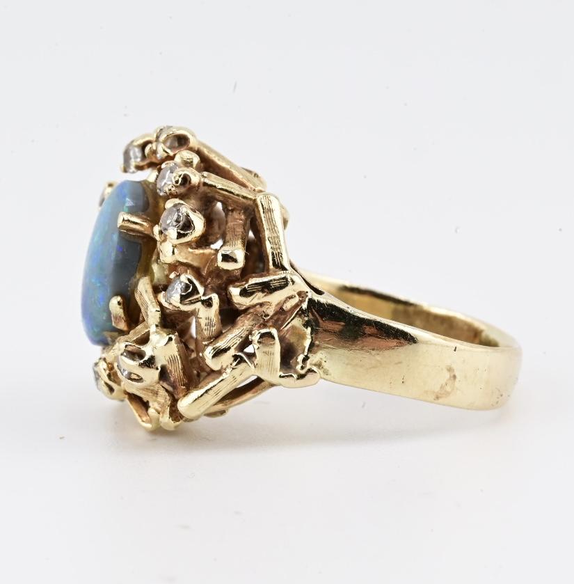 14K Yellow Gold Brutalist Opal & Diamond Ring 9.96g Size 6.5 10×7mm Opal