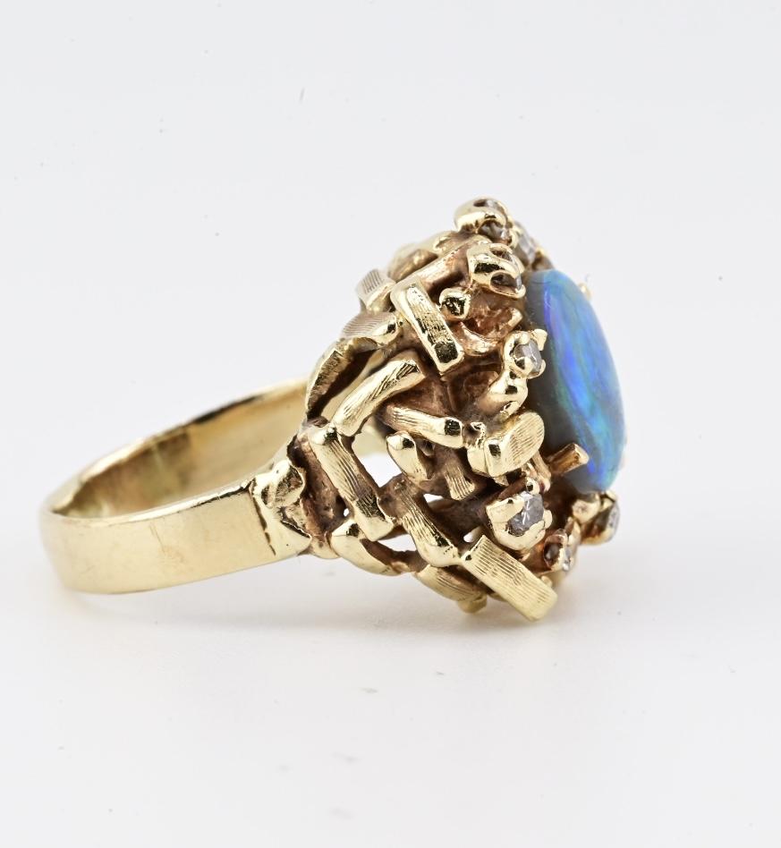 14K Yellow Gold Brutalist Opal & Diamond Ring 9.96g Size 6.5 10×7mm Opal